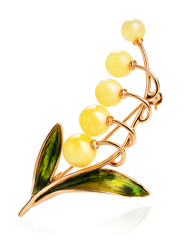 Эффектная брошь «Ландыш», покрытая позолотой и эмалью и украшенная натуральным янтарём