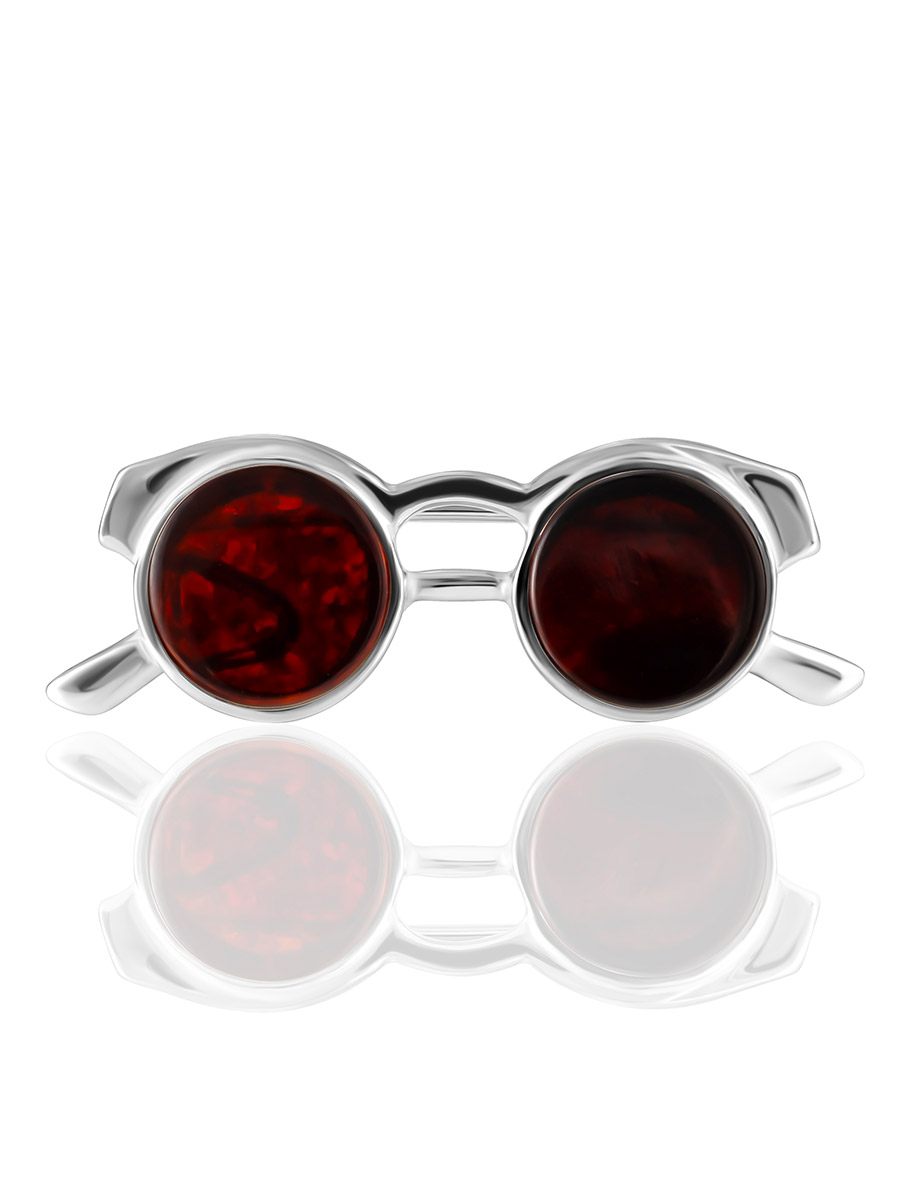 Яркая брошь «Очки» с тёмно-вишнёвым янтарём