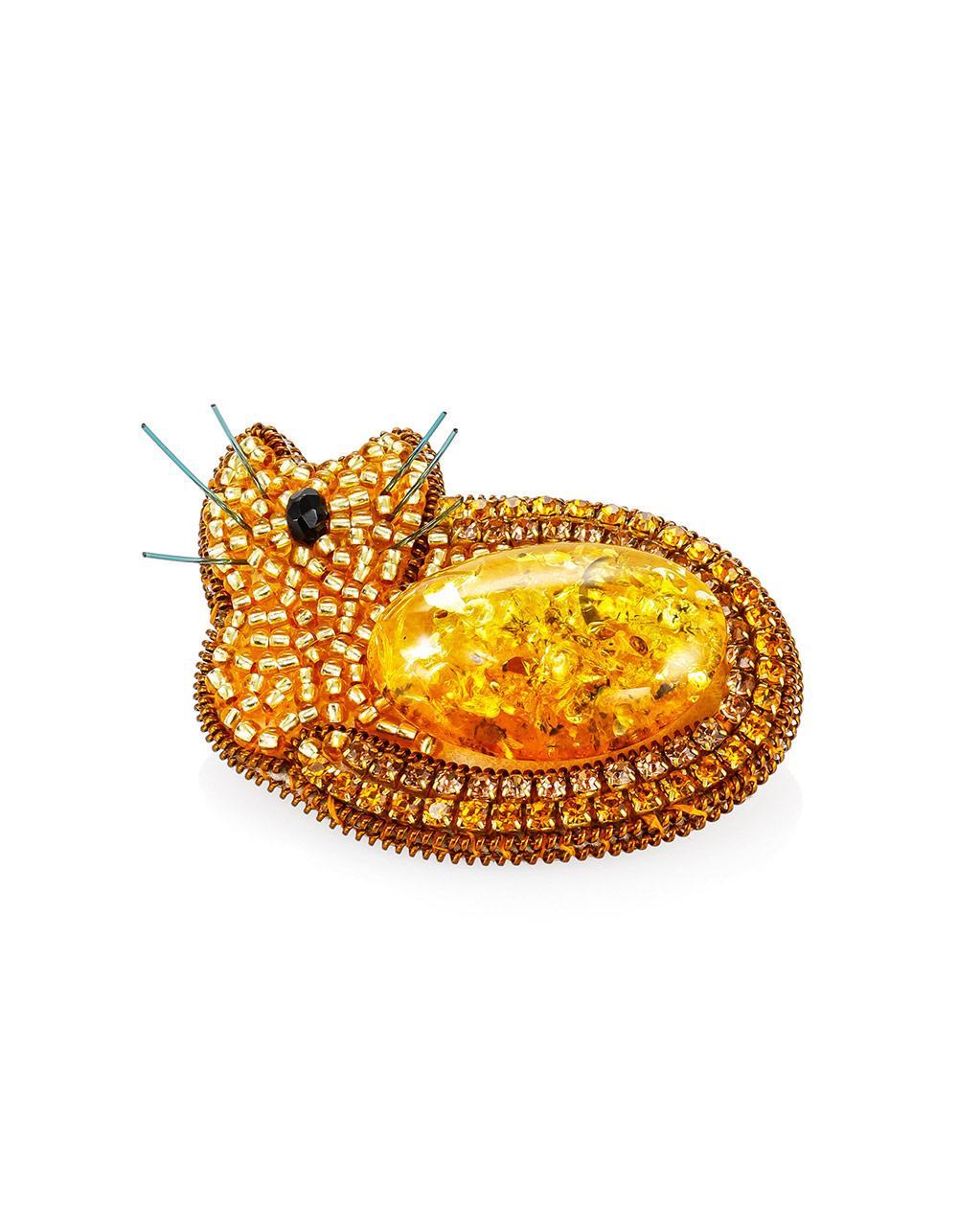 Брошь-котик из бисера и натурального янтаря «Лукоморье»