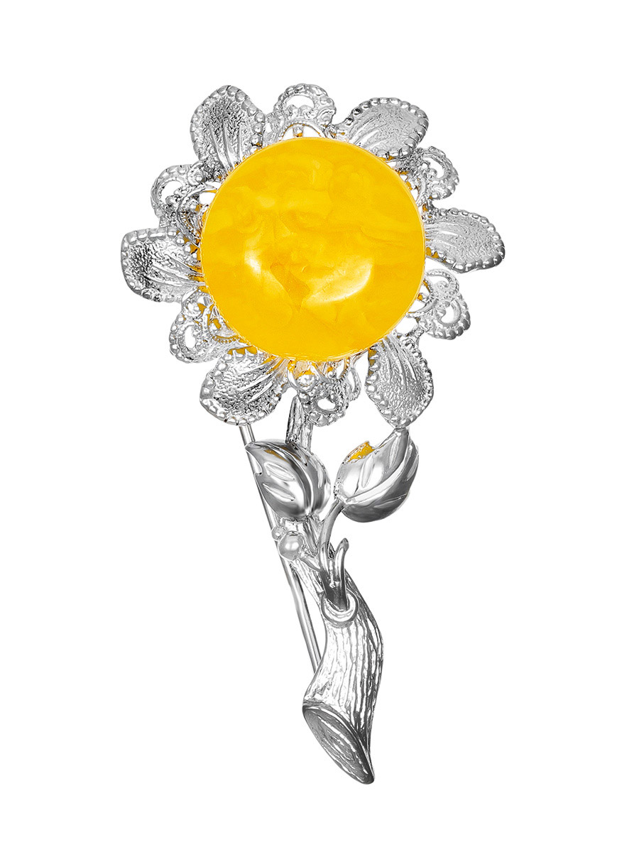Эффектная брошь «Подсолнух» с натуральным медовым янтарём