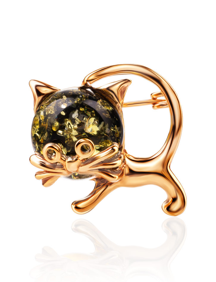 Брошь в виде котёнка из зелёного янтаря «Чешир»