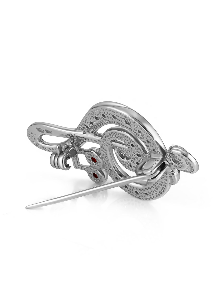 Красивая изысканная брошь «Скрипичный ключ» с натуральным янтарём и фианитами