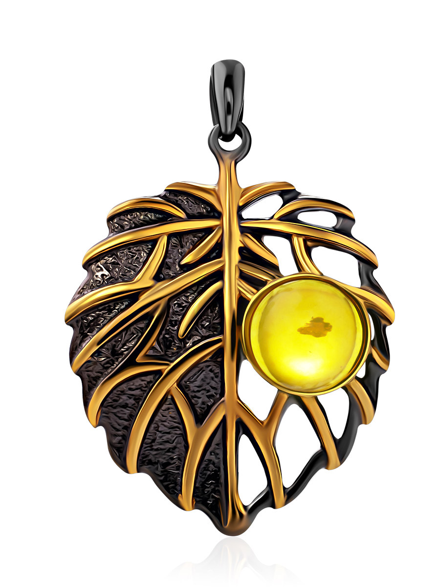 Эффектная подвеска с ярко-лимонным янтарём «Листочек»