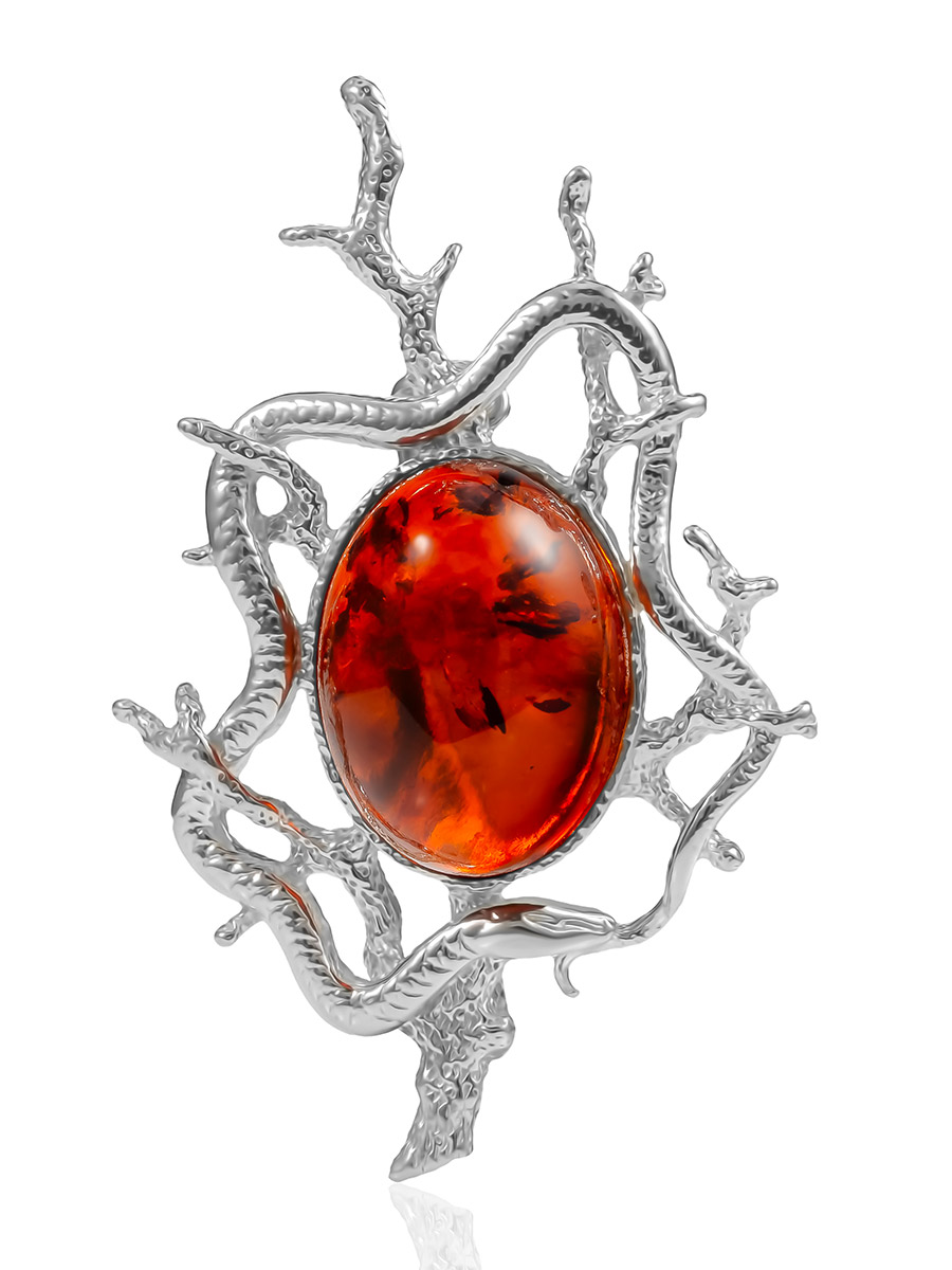 Ажурная брошь «Ариэль» с тёмно-коньячным янтарём