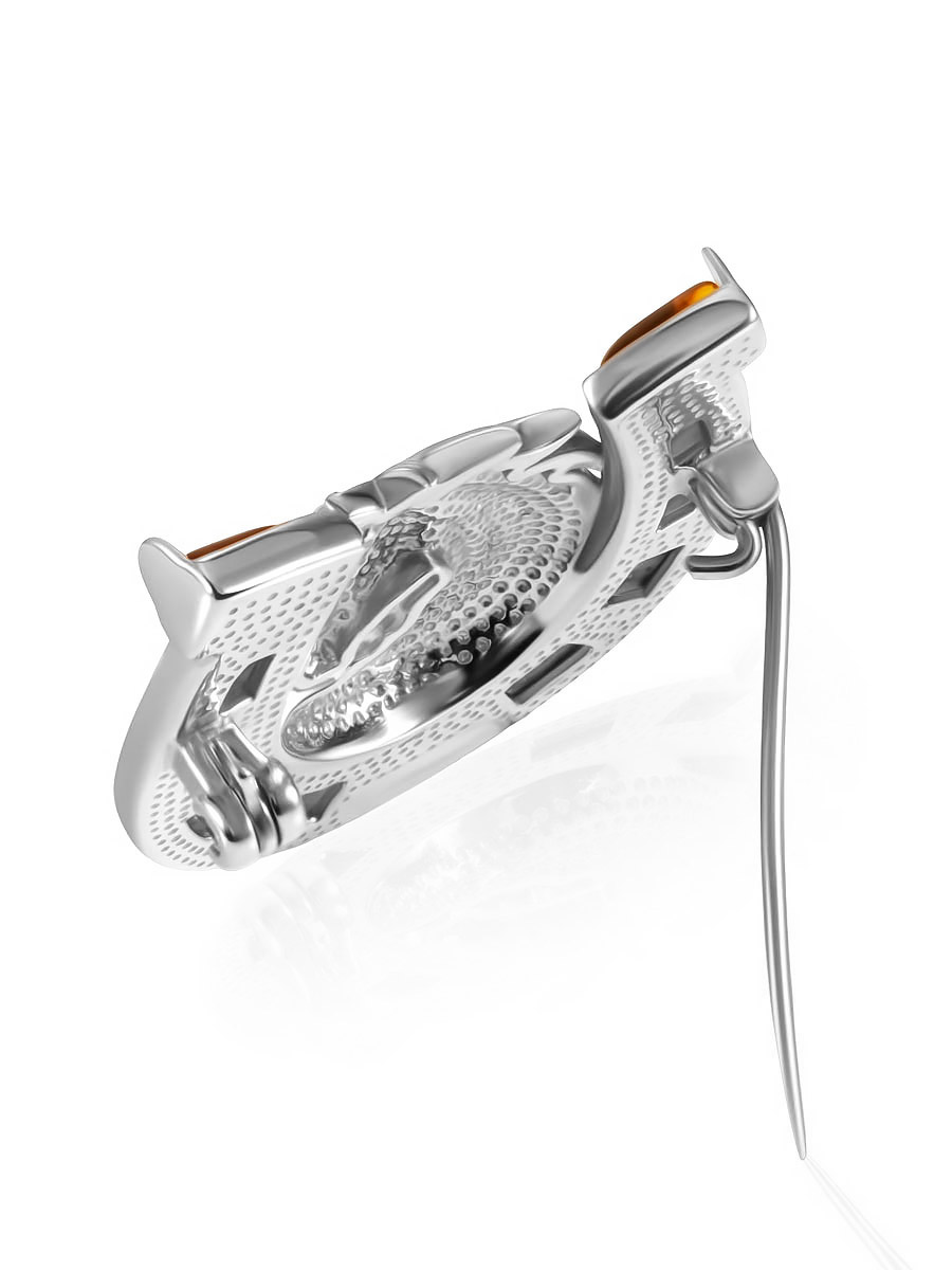 Брошь с символом 2026 года «Подкова», украшенная янтарём