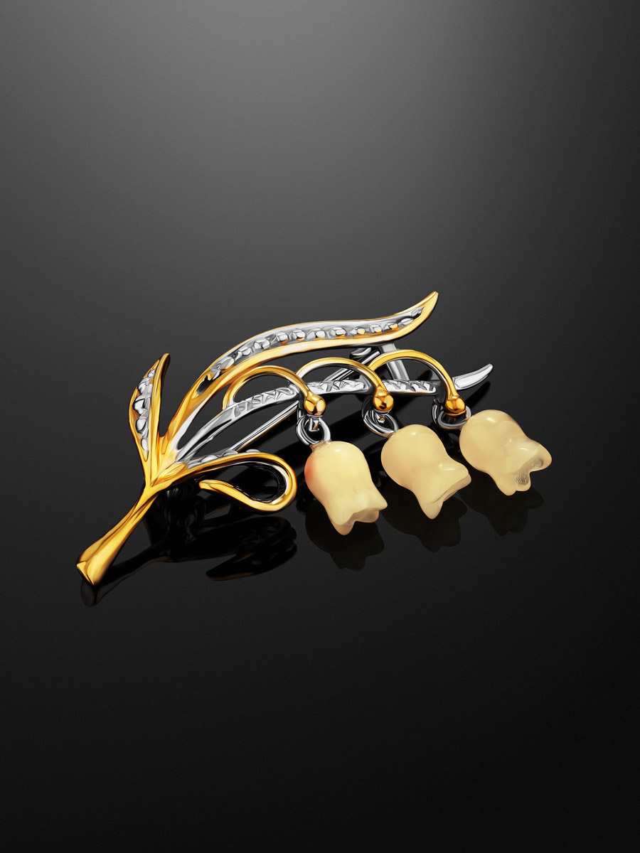 Красивая брошь «Ландыш» из цельного медового янтаря