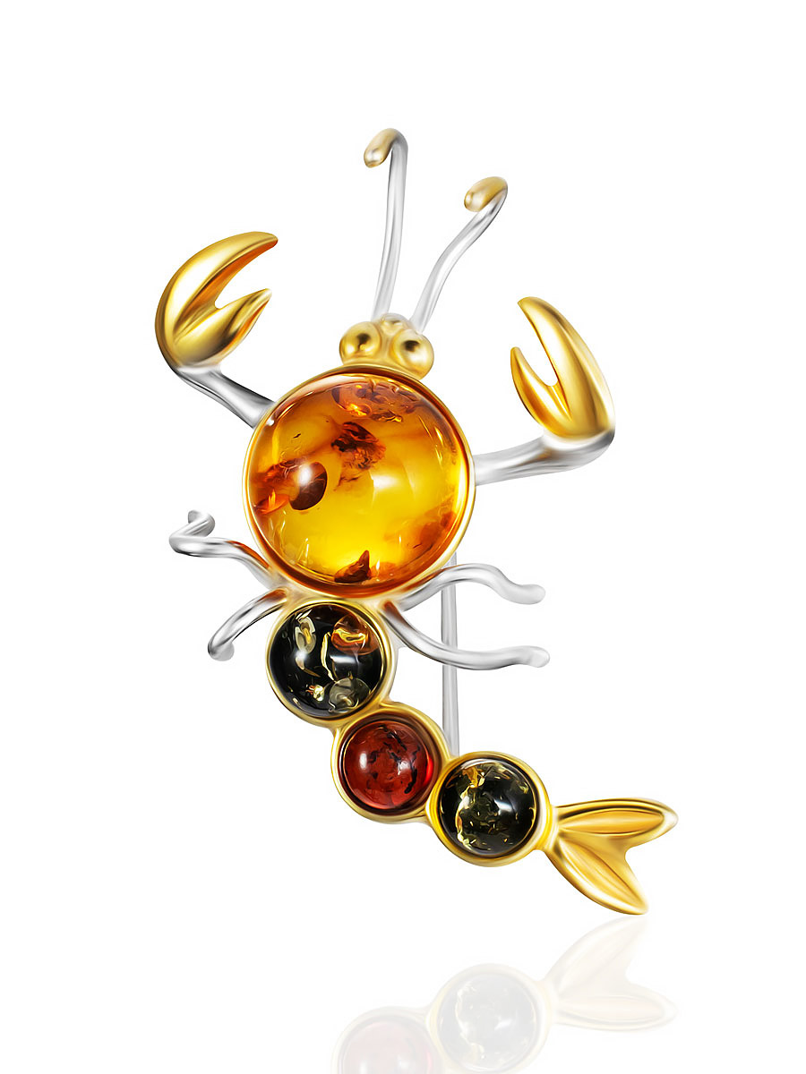 Яркая брошь с янтарём разных оттенков «Рак»