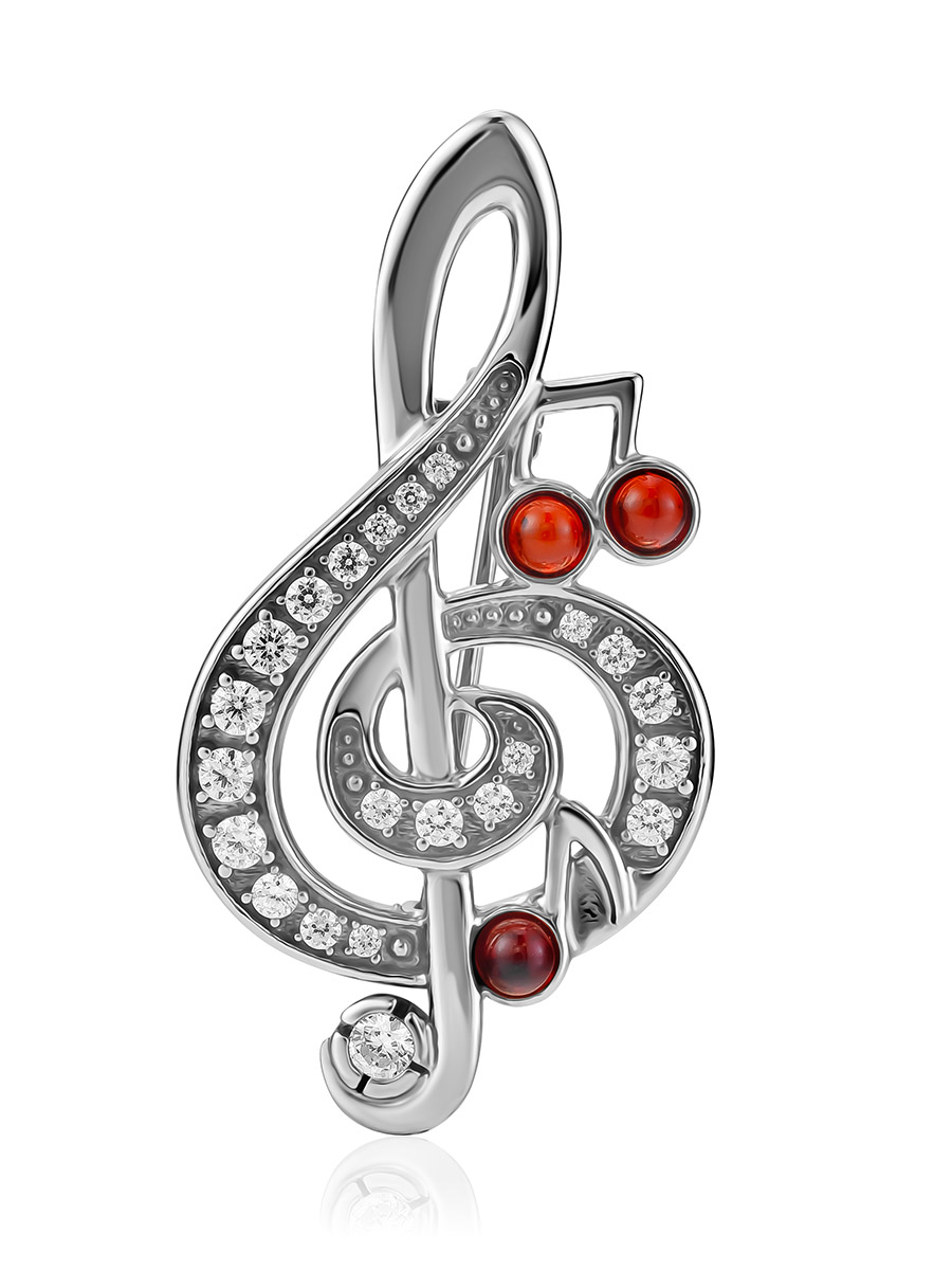 Красивая изысканная брошь «Скрипичный ключ» с натуральным янтарём и фианитами