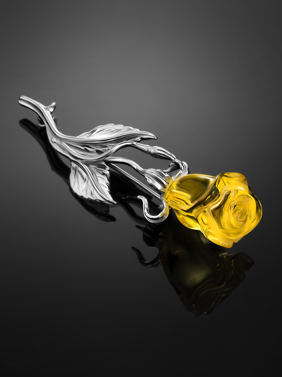 Изысканная брошь с натуральным лимонным янтарём «Роза»