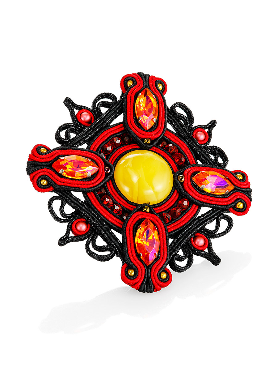 Роскошная плетёная брошь, украшенная натуральным янтарём и кристаллами «Индия»