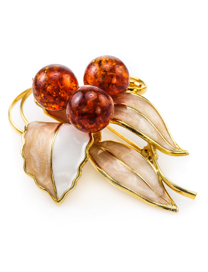 Элегантная брошь, покрытая эмалью и украшенная натуральным янтарём Beoluna