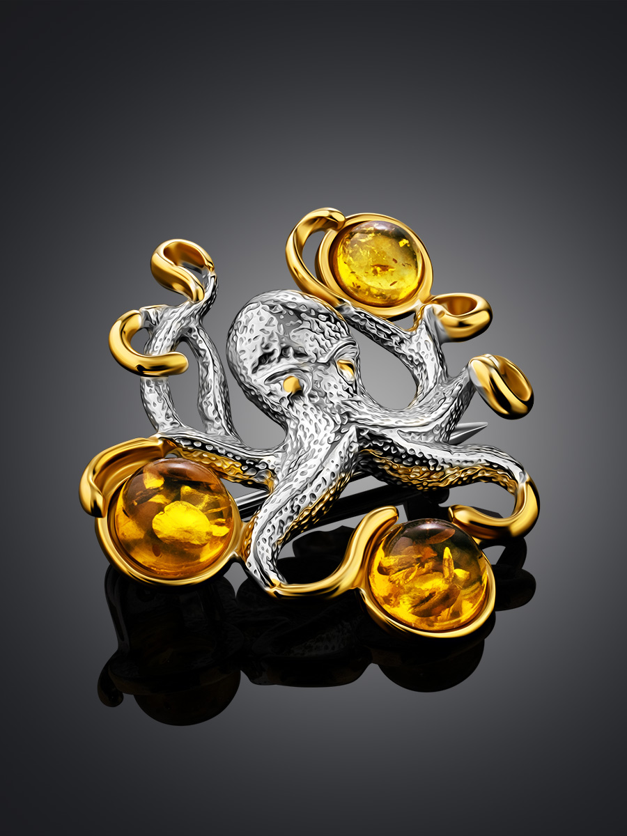 Оригинальная брошь из натурального янтаря «Осьминог»