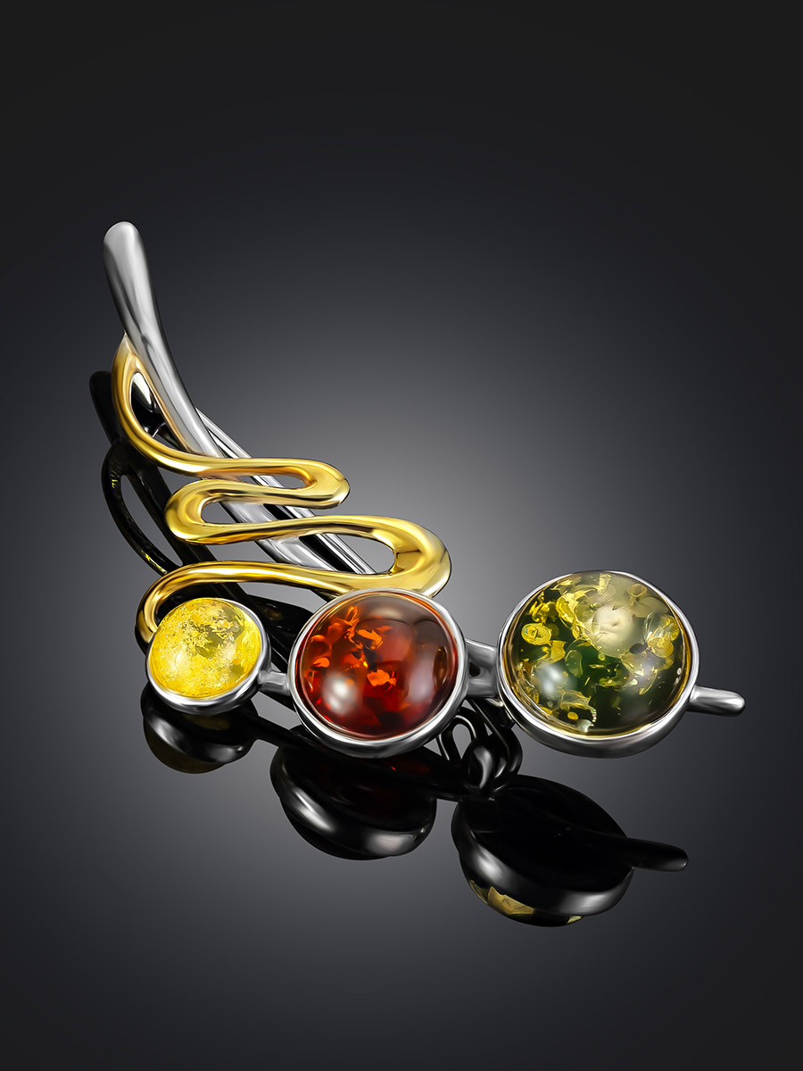 Эффектная брошь «Триумф» с натуральным янтарём разных оттенков