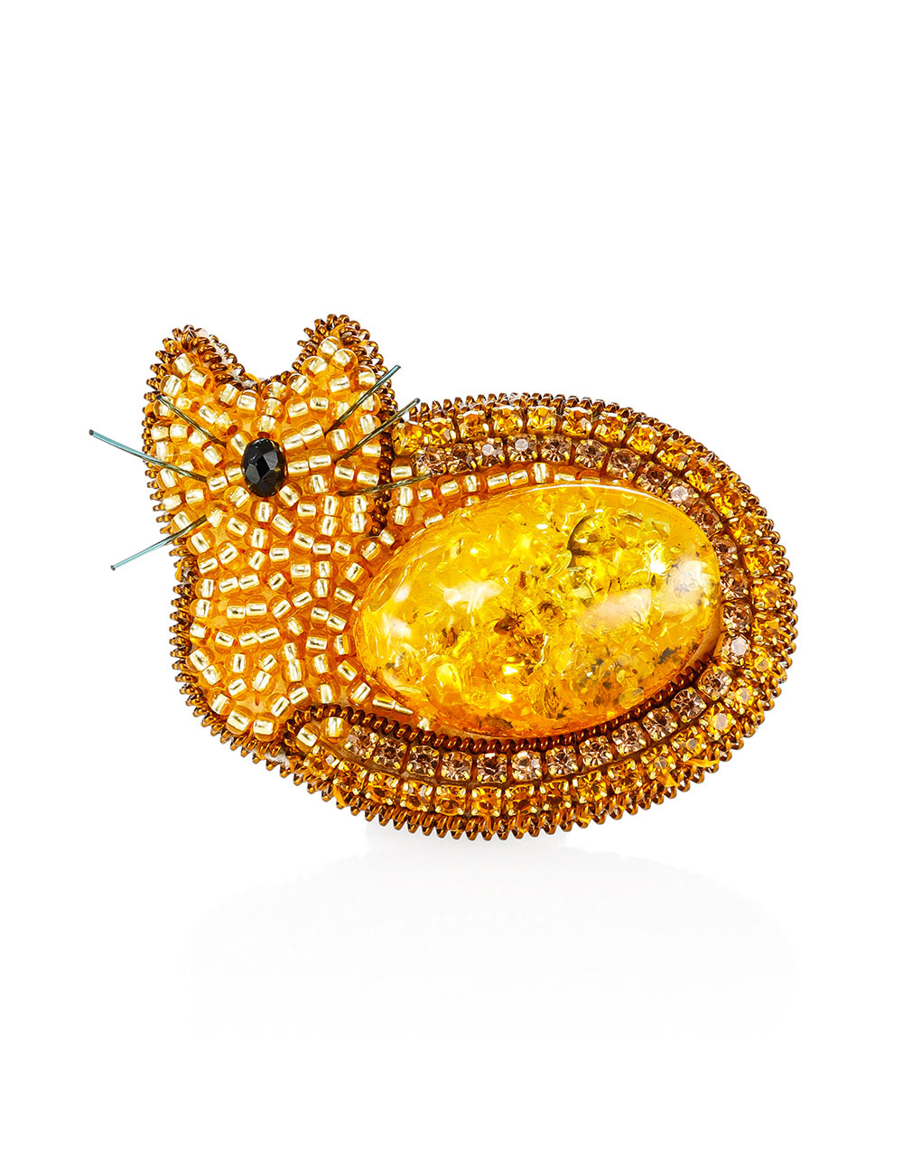 Брошь-котик из бисера и натурального янтаря «Лукоморье»