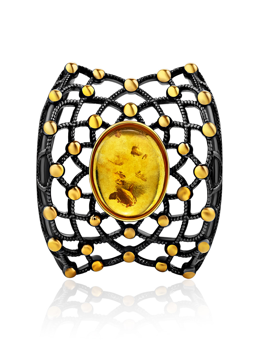 Оригинальный чернёный кулон с натуральным янтарём «Паутинка»