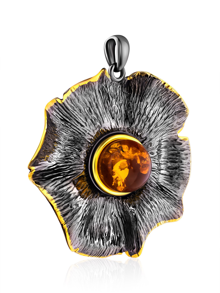Яркий чернёный кулон с золочением и натуральным янтарём «Мак»