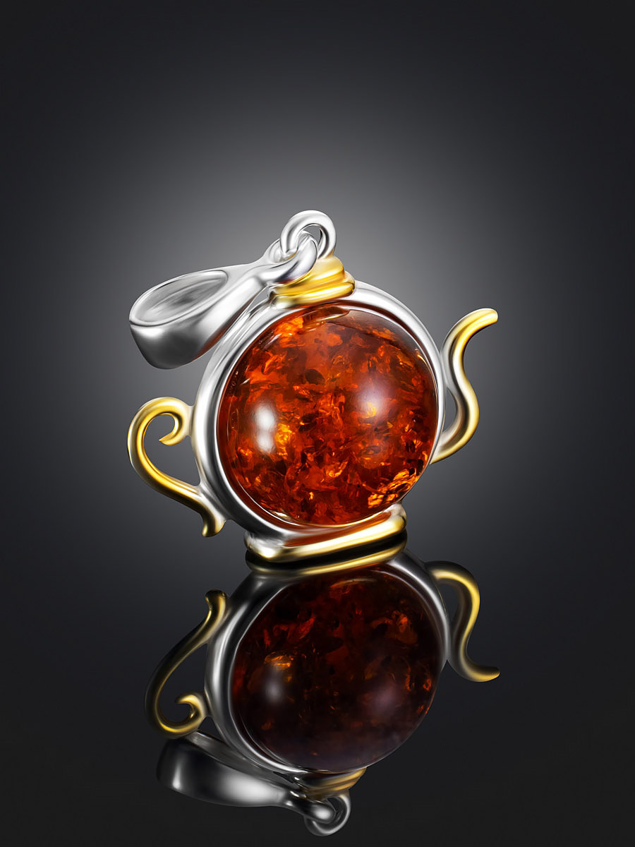 Оригинальная подвеска в необычном дизайне с натуральным янтарём «Чайник»