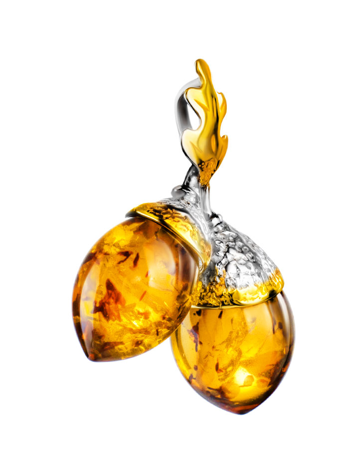 Эффектный кулон «Жёлудь» с натуральным коньячным янтарём