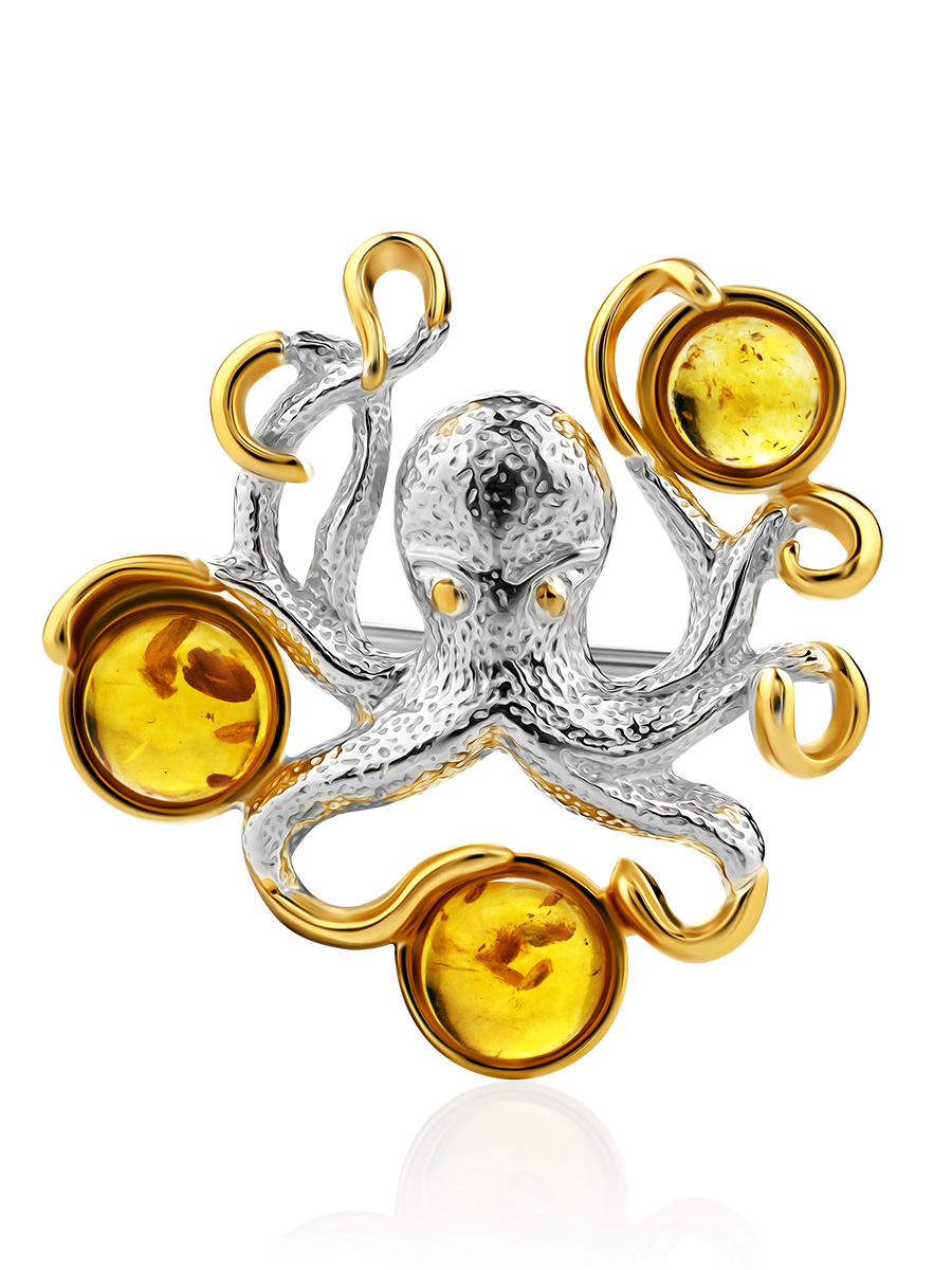 Оригинальная брошь из натурального янтаря «Осьминог»