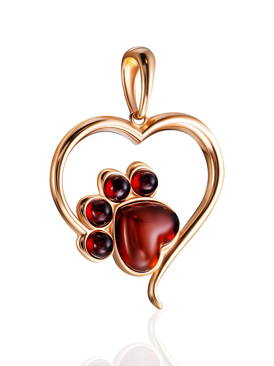 Нежная подвеска-сердце с вишнёвым янтарём «Лапки»