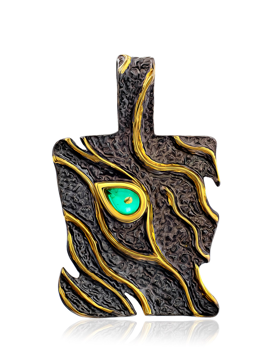 Оригинальная яркая подвеска в чёрном родии «Элементаль», украшенная изумрудным янтарём