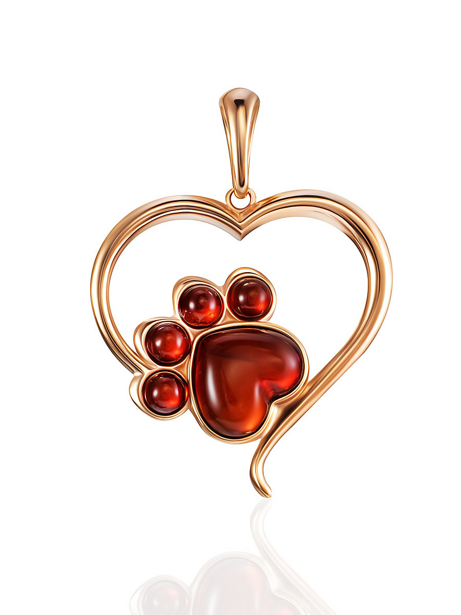 Нежная подвеска-сердце с вишнёвым янтарём «Лапки»