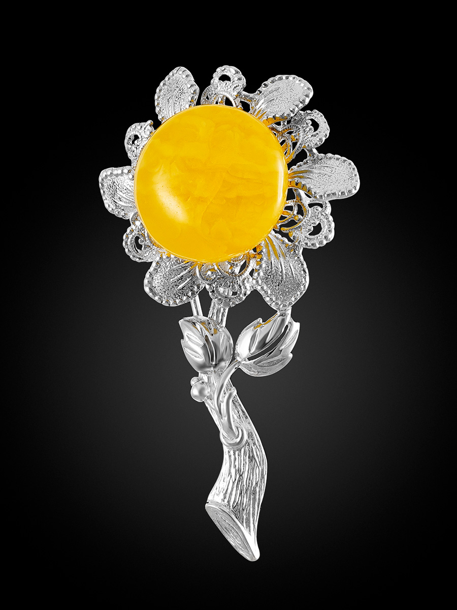 Эффектная брошь «Подсолнух» с натуральным медовым янтарём