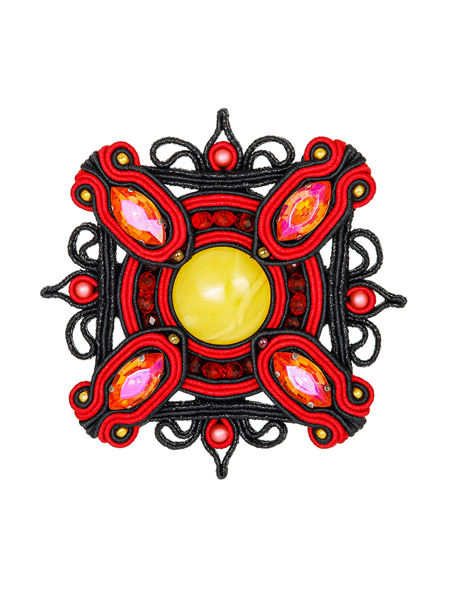 Роскошная плетёная брошь, украшенная натуральным янтарём и кристаллами «Индия»