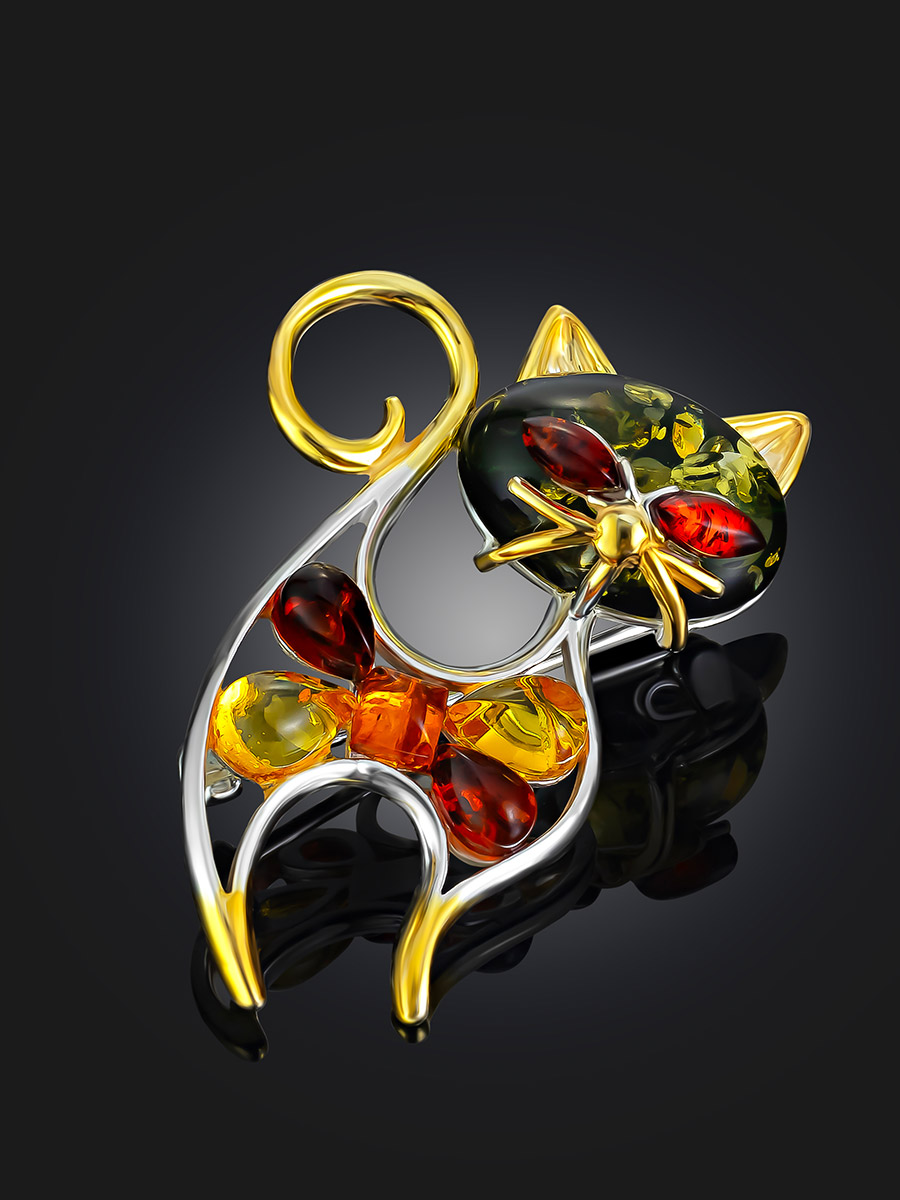 Изысканная брошь-кулон с янтарём разных оттенков «Кошка»