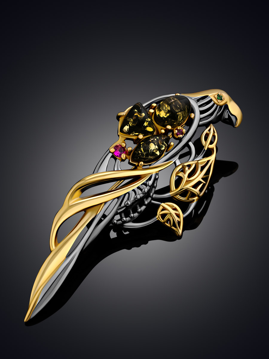 Яркая эффектная брошь с янтарём зелёного цвета «Попугай»