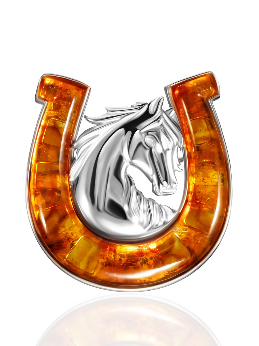 Брошь с символом 2026 года «Подкова», украшенная янтарём