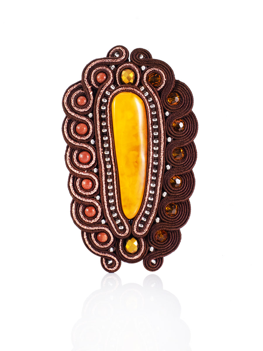 Крупная оригинальная брошь «Индия», украшенная яшмой, кристаллами и натуральным янтарём