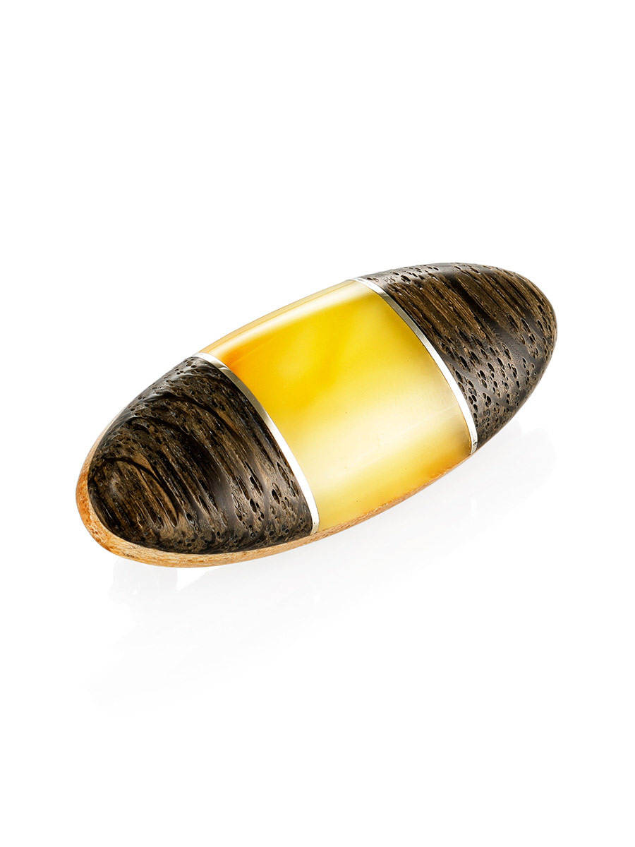 Стильная брошь из дерева и натурального янтаря «Индонезия»