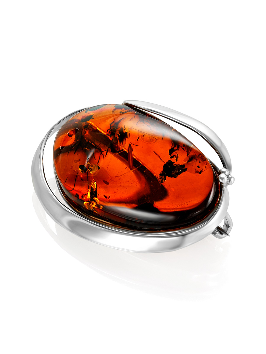 Брошь из натурального искрящегося янтаря коньячного цвета