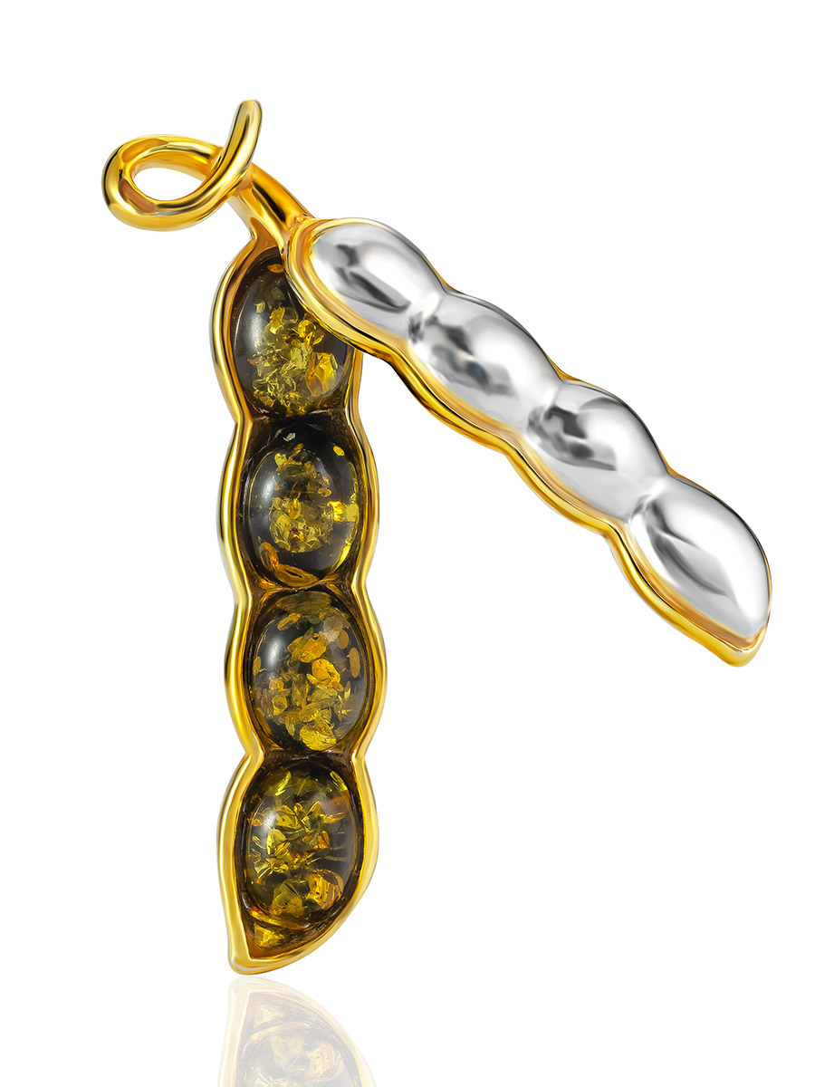 Необычная брошь-кулон с янтарём зелёного цвета «Горошек»