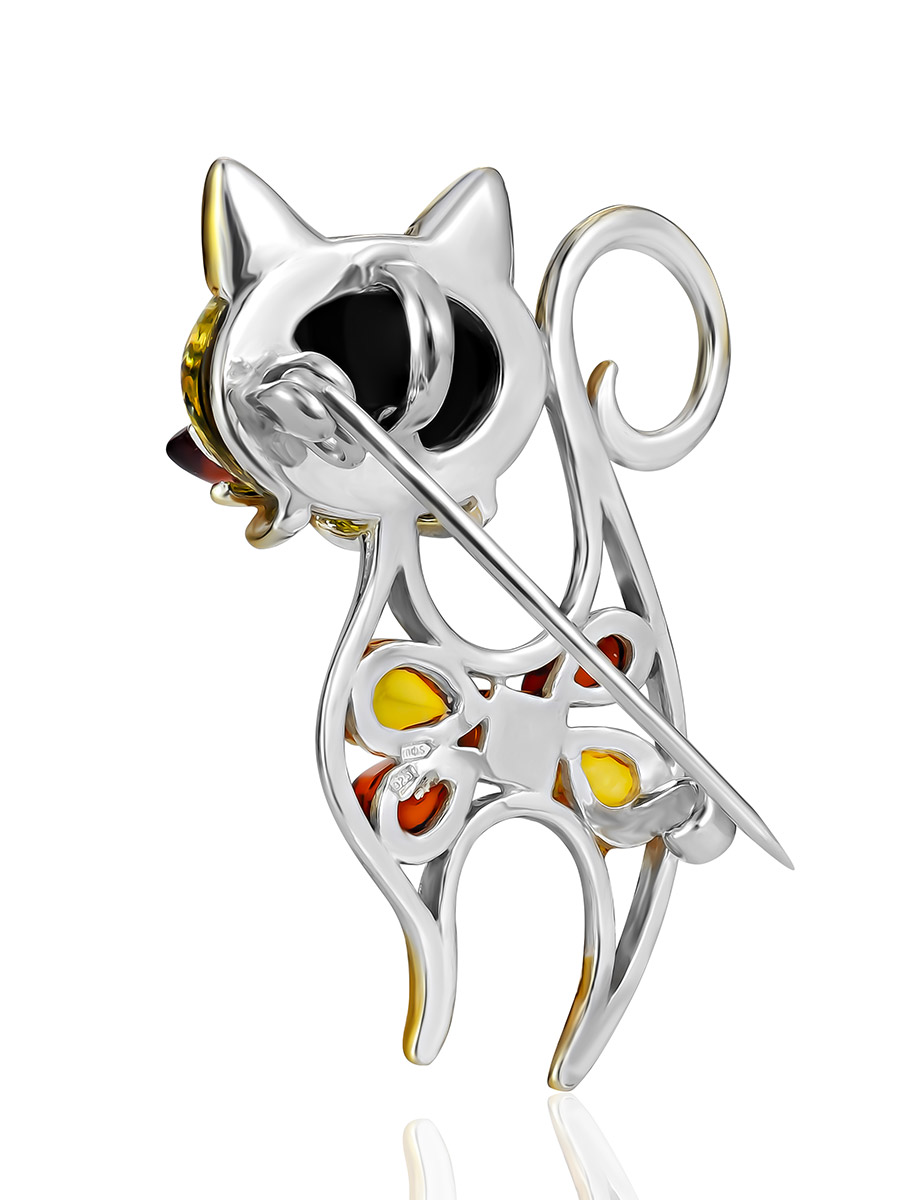 Изысканная брошь-кулон с янтарём разных оттенков «Кошка»