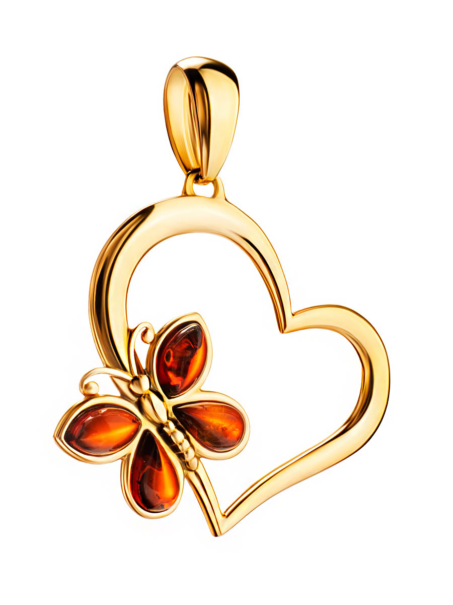 Красивое позолоченное сердце, украшенное янтарём «Апрель»