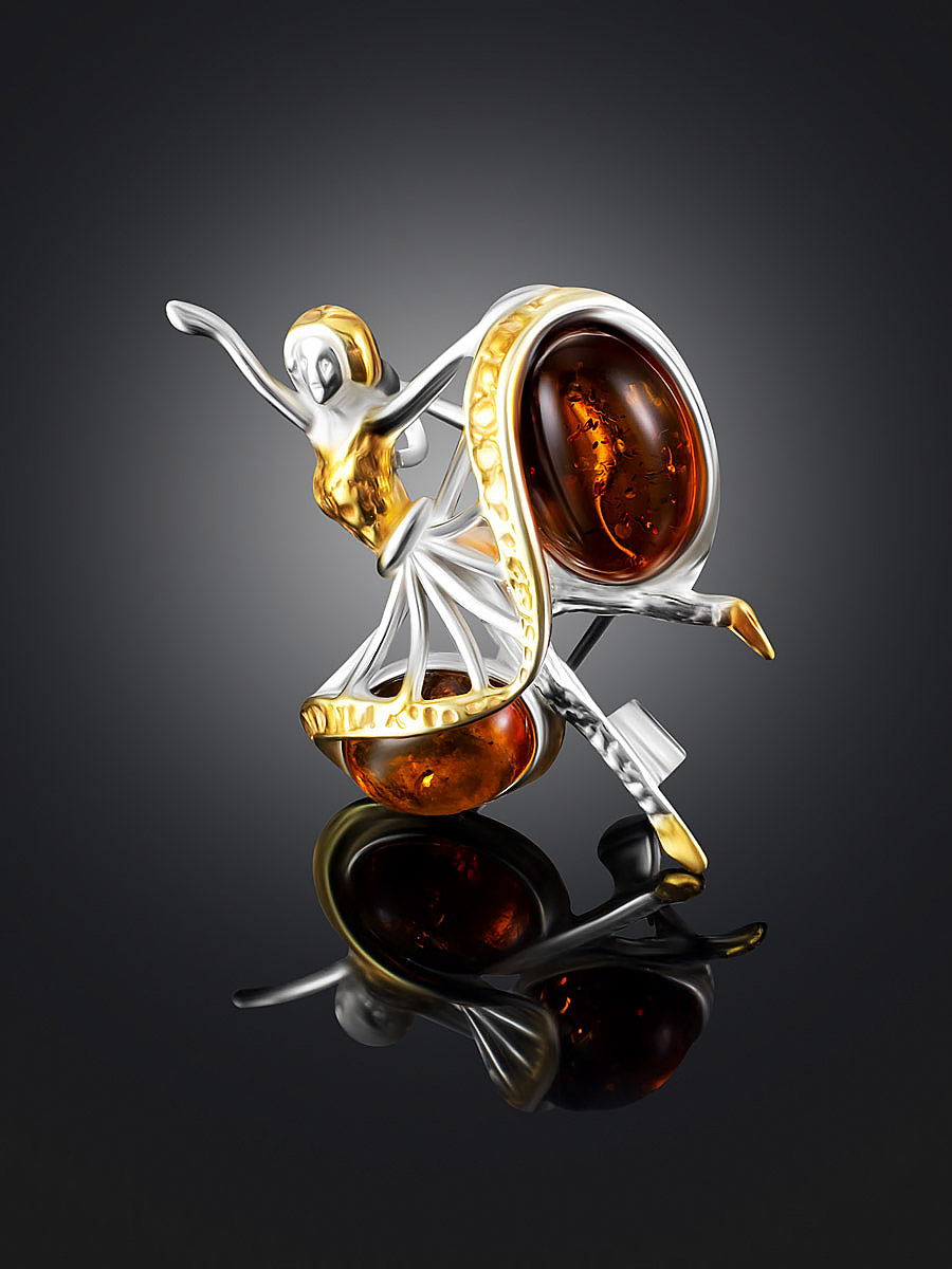 Элегантная брошь с коньячным янтарём «Вальс»