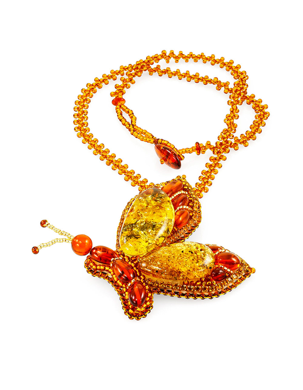 Колье с брошью-бабочкой «Лукоморье» из янтаря и бисера