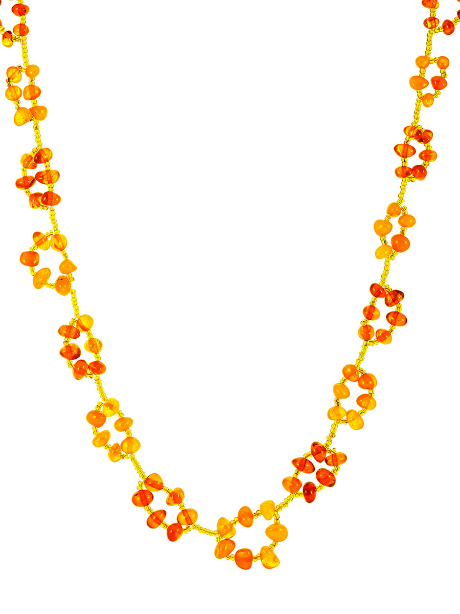 Плетёное колье из натурального янтаря тёплых оттенков