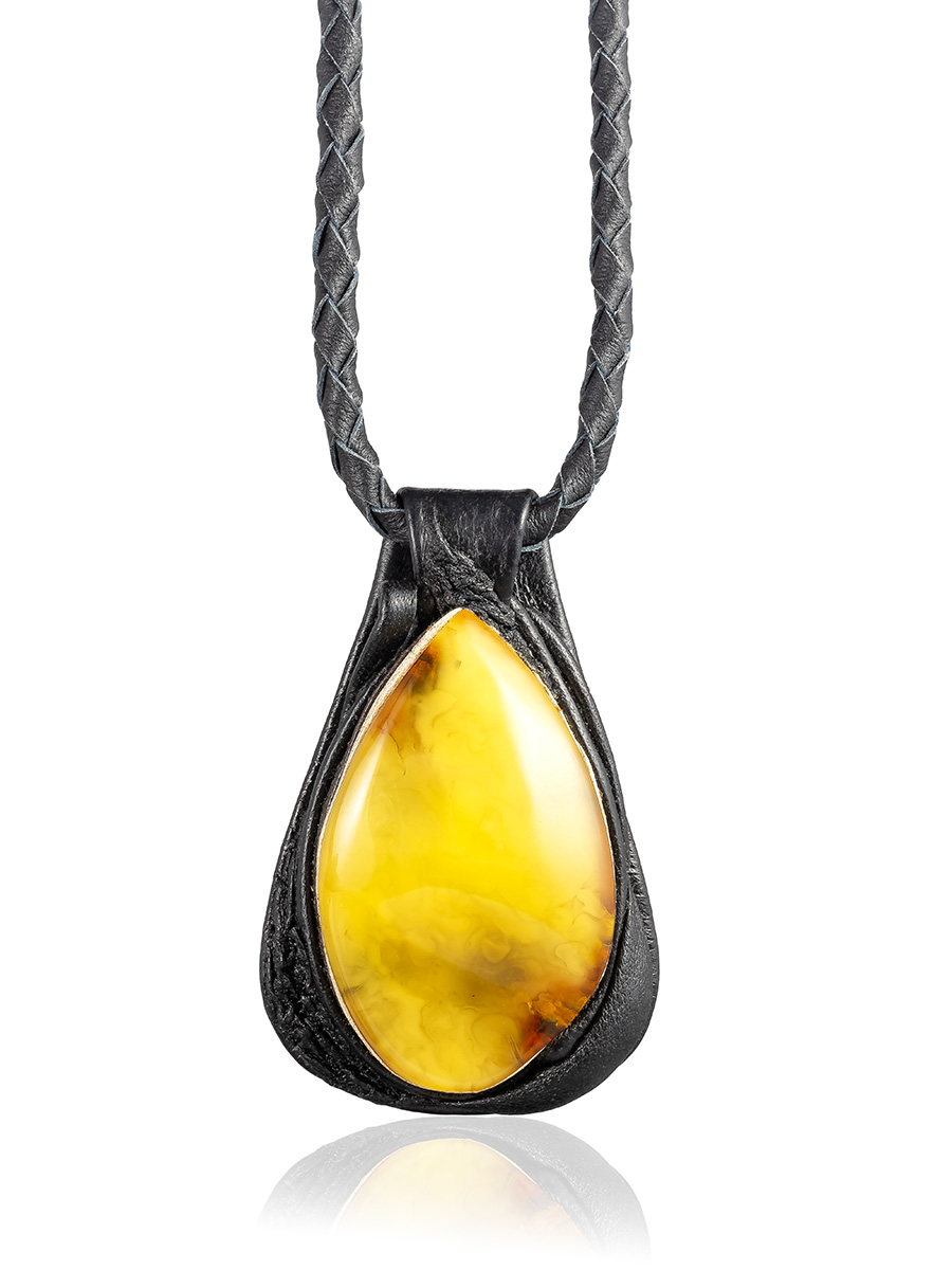 Колье из кожи «Амазонка» с медовым янтарём