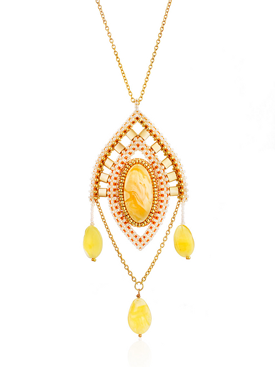 Нежное изящное колье из натурального янтаря и бисера «Лукоморье»