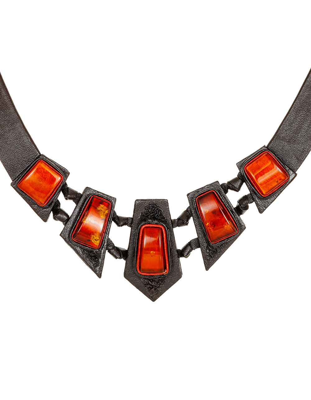 Ожерелье из кожи «Амазонка» с коньячным янтарём