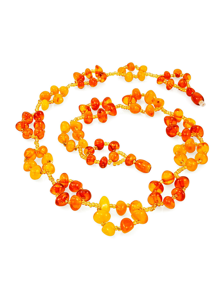 Плетёное колье из натурального янтаря тёплых оттенков