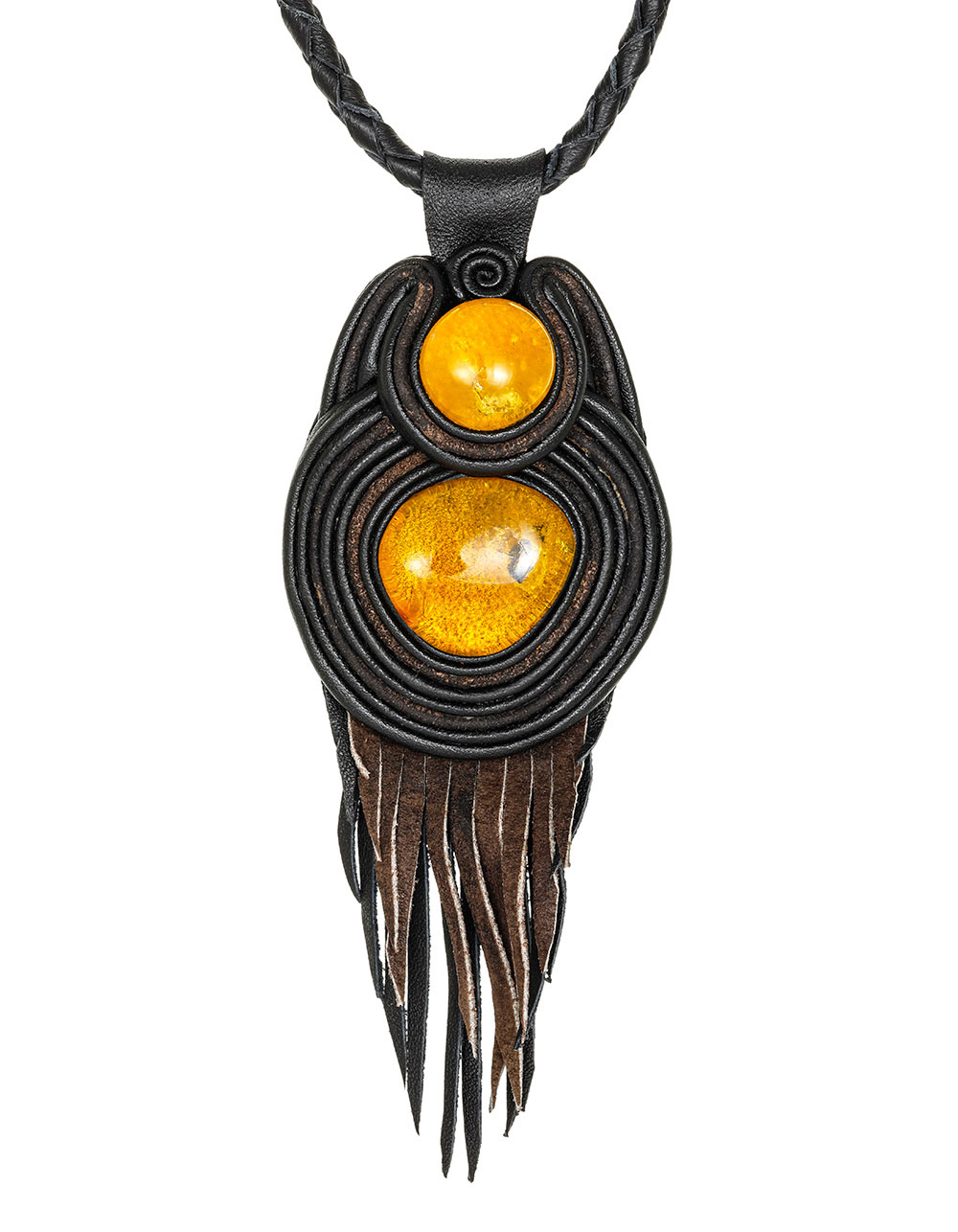 Эффектное колье из кожи «Амазонка» с лимонным янтарём