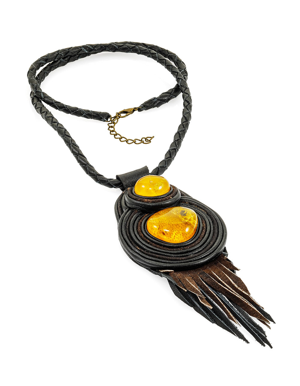 Эффектное колье из кожи «Амазонка» с лимонным янтарём