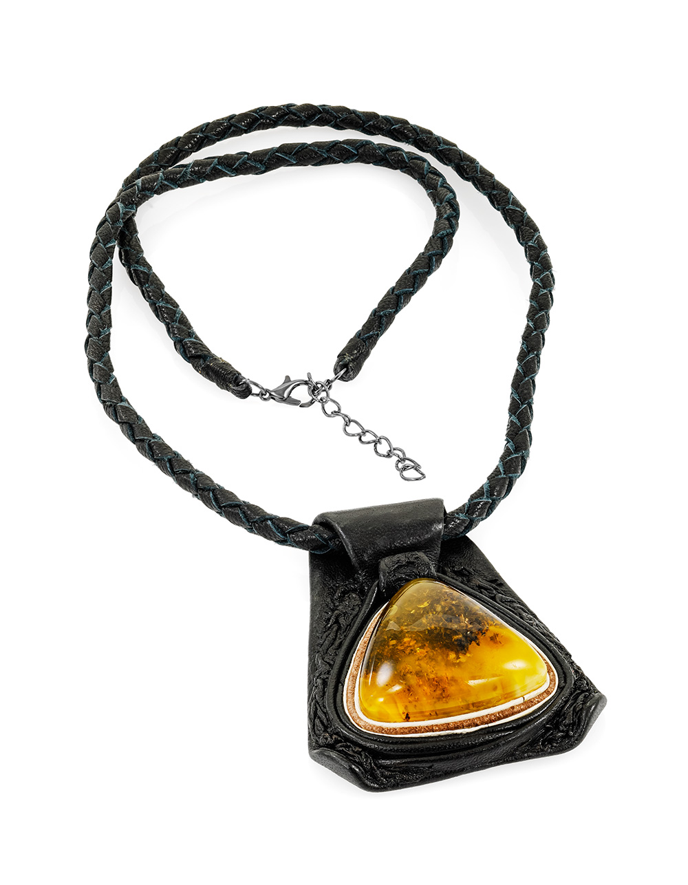 Колье из кожи «Амазонка» с медовым янтарём