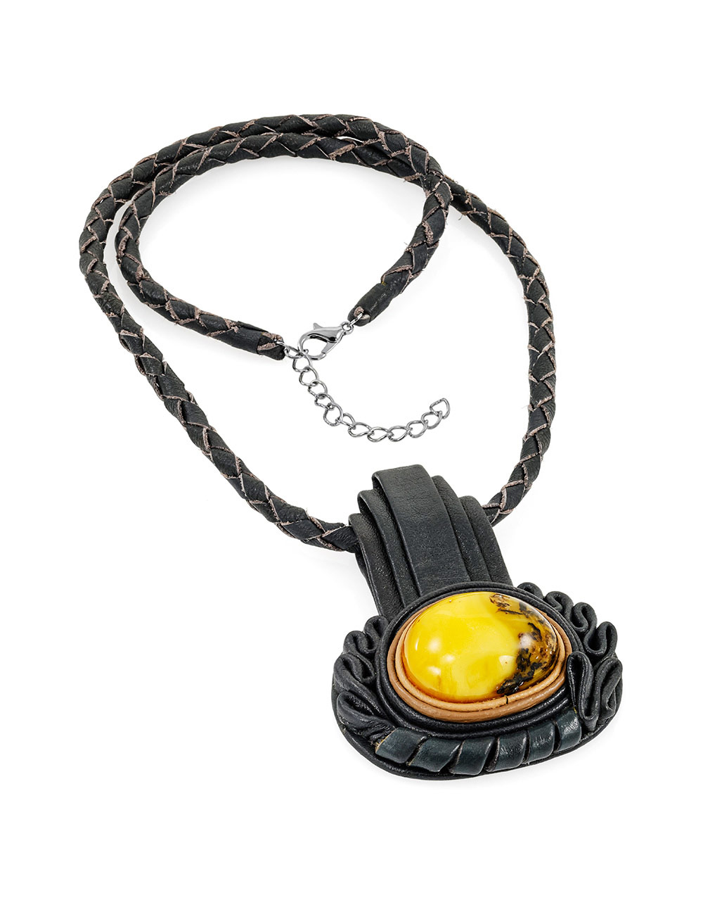Колье из кожи «Амазонка» с медовым янтарём