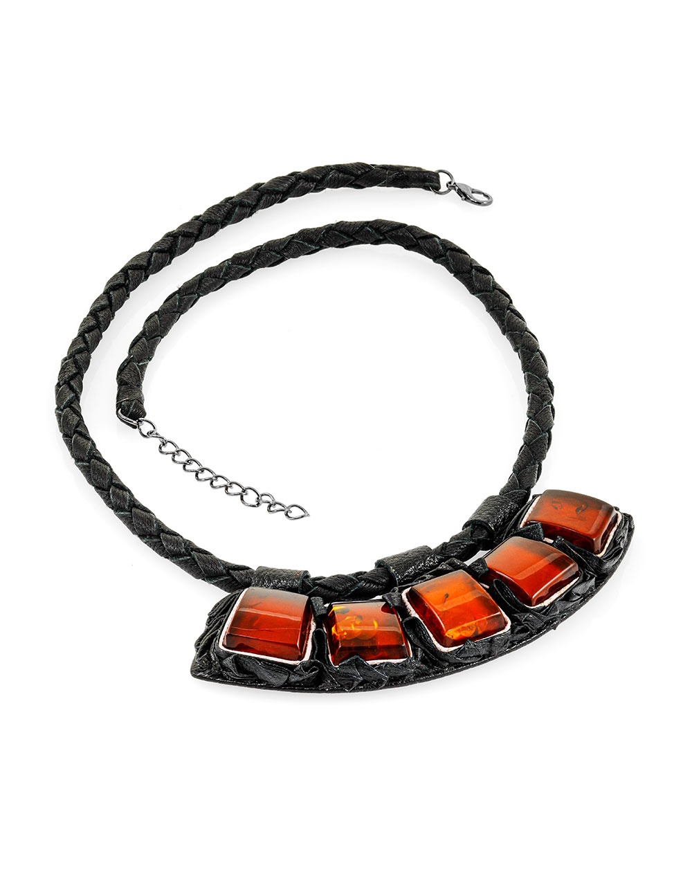 Кожаное колье с текстурнй подвеской, украшенной натуральным янтарём «Амазонка»