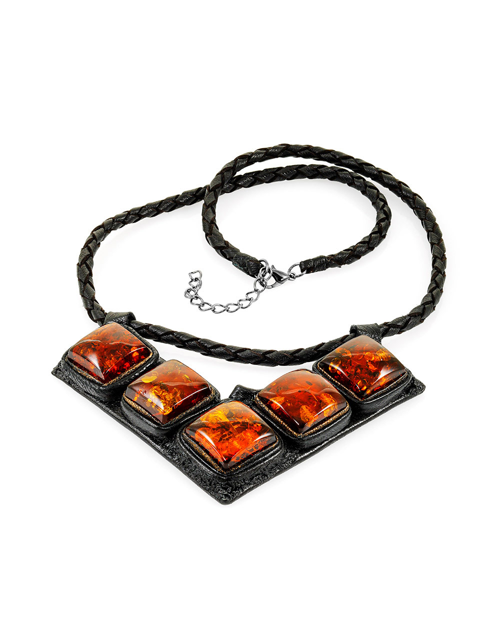 Эффектное колье с подвеской из кожи и натурального янтаря «Амазонка»